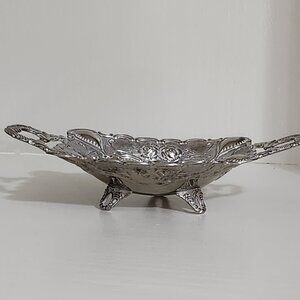Vintage Silver-Plated Nut Bowl Embossed Floral Ornate Shallow Bowl With Feet